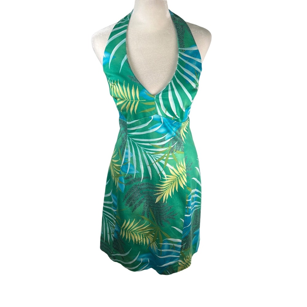 Jones New York Y2K Dress Petite Green Tropical Palm Leaf Halter Dress 10P
